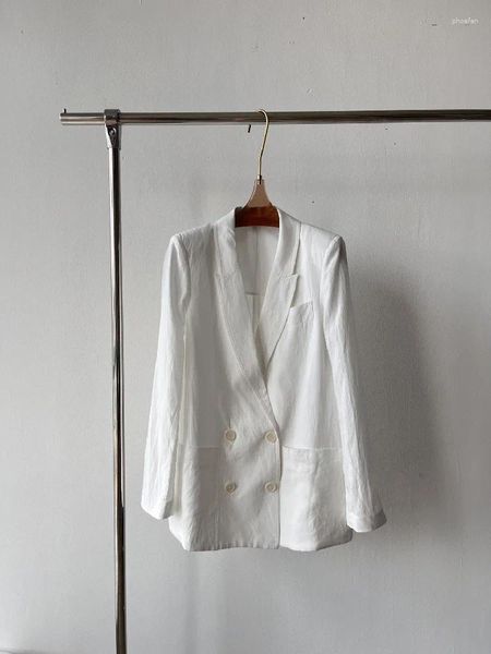 Ternos femininos de linho branco casaco duplo breasted solto manga longa grandes bolsos blazer feminino primavera verão 2024