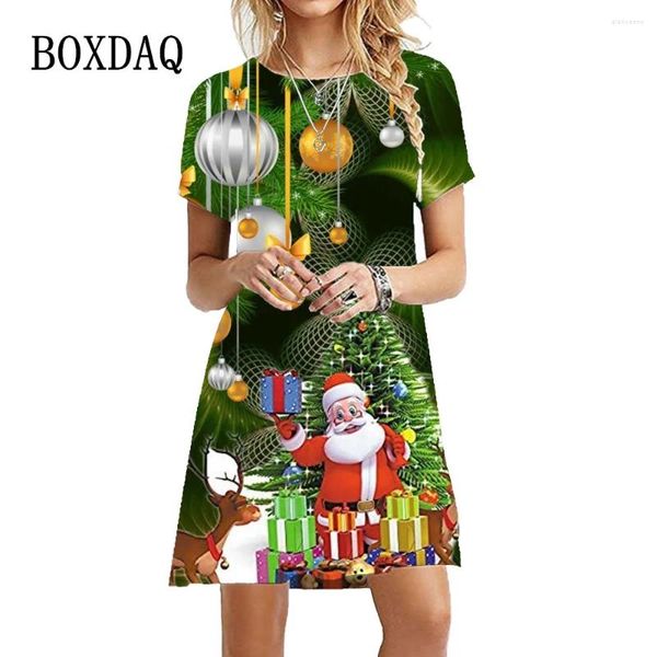 Abiti casual Stampa di Babbo Natale per le donne 2024 Anno Manica corta O-Collo Mini abito Oversize Ladies Christmas Party Vestidos