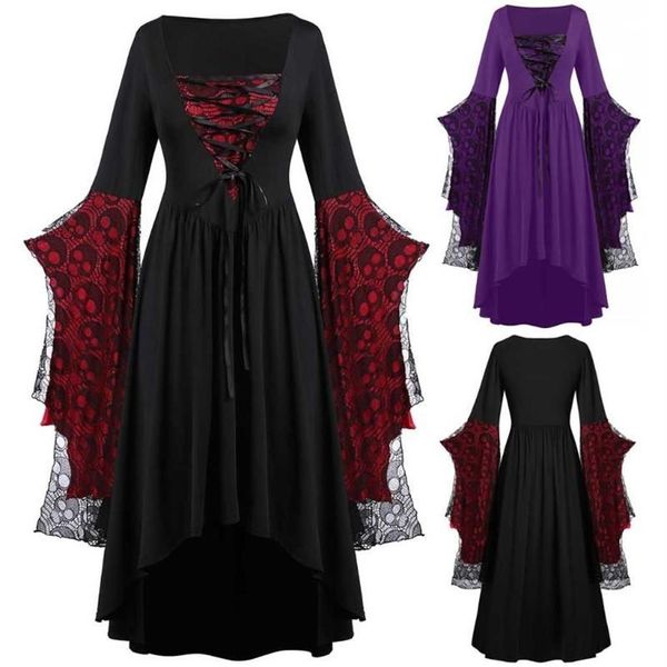 Moda bruxa cosplay traje halloween plus size crânio vestido renda manga morcego trajes306r