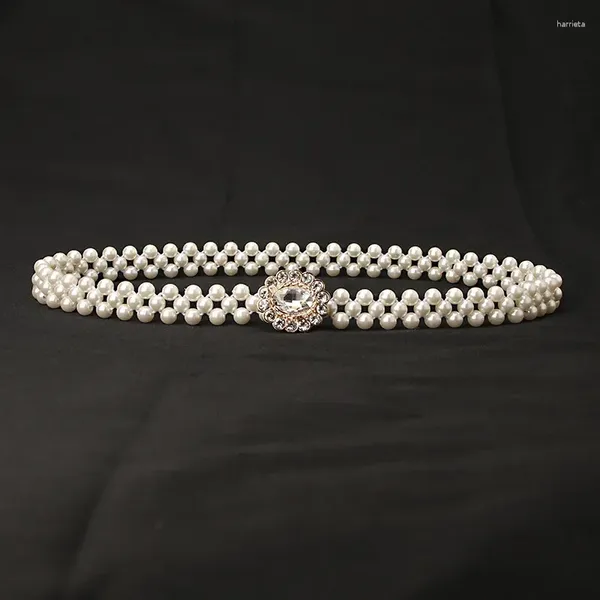 Gürtel Modische Perle für Damen, weiße Perlen, elastische Kordel, goldfarbene Metallschnalle, Kleid