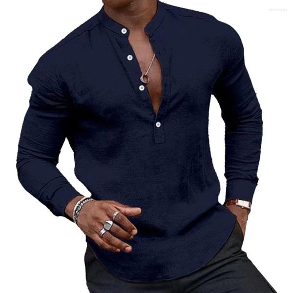 Camisas casuais masculinas camisa de marca manga longa solta festa poliéster regular primavera verão t topos com decote em v botão para baixo