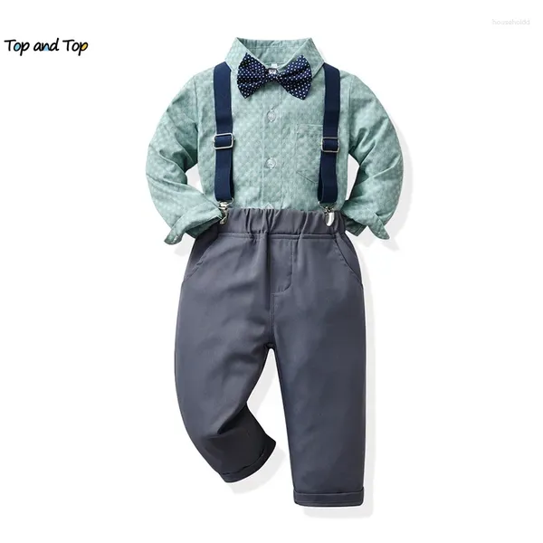 Giyim setleri üst ve çocuklar erkek beyefendi seti uzun kollu bowtie gömlek kayışları pantolon toddler çocuk kıyafetleri düğün parti elbisesi