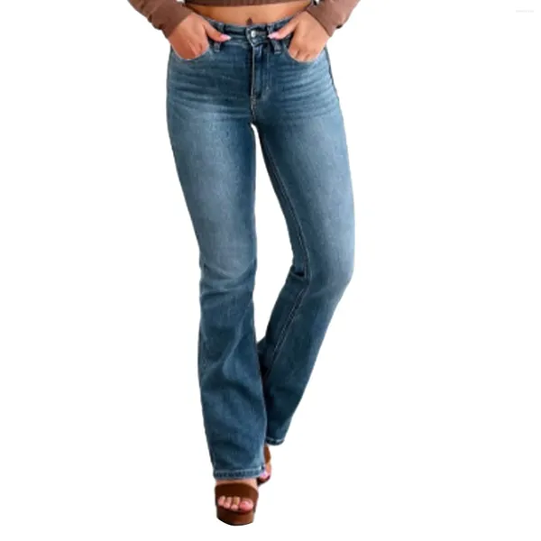 Женские джинсы с контролем живота, расклешенные винтажные эластичные повседневные джинсы с высокой талией, полная длина, облегающие прямые, уличная одежда, весна