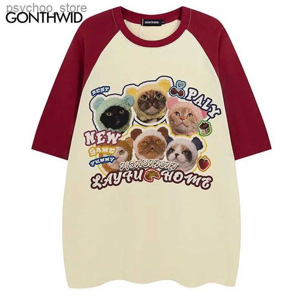 Homens camisetas Harajuku Camiseta Engraçado Gato Bonito Família Gráfico Impressão Patchwork T-shirt Streetwear Hip Hop Moda Casual Solto Algodão Top Roupas Q240130