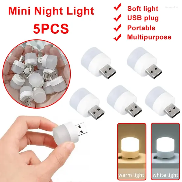 Luci notturne 5 pezzi Mini lampada con presa USB Luce a LED Protezione per gli occhi Lettura Computer Alimentazione mobile Ricarica Piccolo rotondo