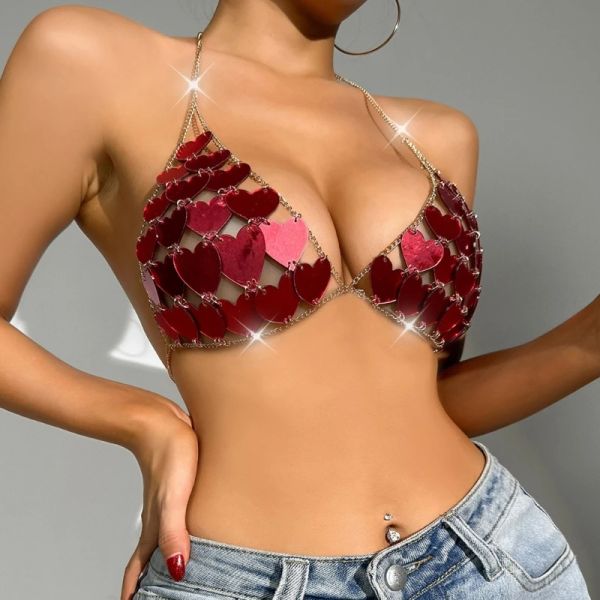 Collana Donna Shiny HollowOut Cuore rosso Paillettes Crop Top Halter VNeck Backless Body Chain Jewelry Canotta per la festa in discoteca