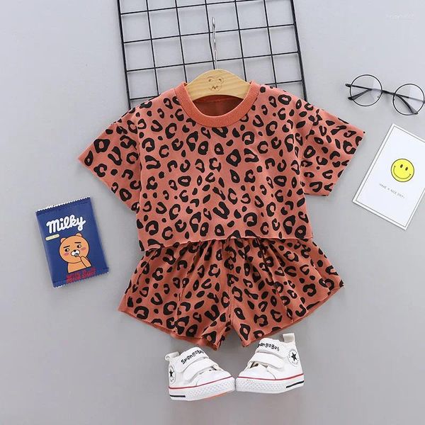 Set di abbigliamento Vestiti per bambini Abiti per ragazze T-shirt per bambini in cotone con stampa leopardata 2 pezzi Tute sportive per bambini estivi