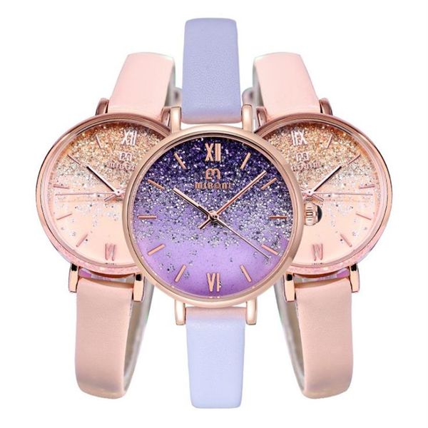 Moda elegante 2021 Cielo stellato Miboni Orologio al quarzo femminile Ametista Viola Studenti Orologi Vetro minerale rinforzato Bellissimo Wom233u