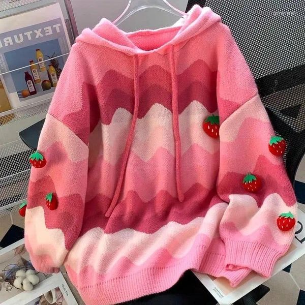 Damenpullover HSA Rosa Pullover Erdbeere und Bär Kapuzenjacke Frauen Herbst Winter Koreanische lose faule Stil gestrickte Top