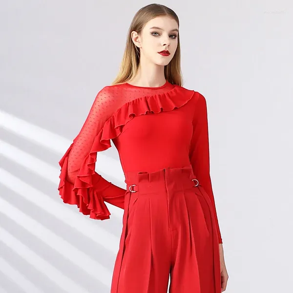 Sahne Giyim Düzensiz Flooned Sleeve Balo Salonu Dans Üstleri Kadın Latin Dancing Top Waltz Modern Kadınlar Malzeme Giysileri SL8601