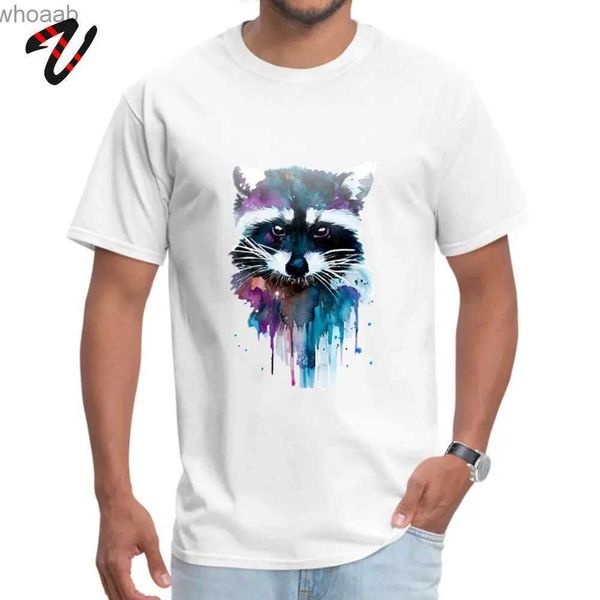 Erkek Tişörtler Erkekler için Sıradan Tişört Suluboya Rakun Tişört Baskı Hayvan Tees Guys Hip Hop Giysileri 100% Pamuk Özel O Boyun Tshirt 240130