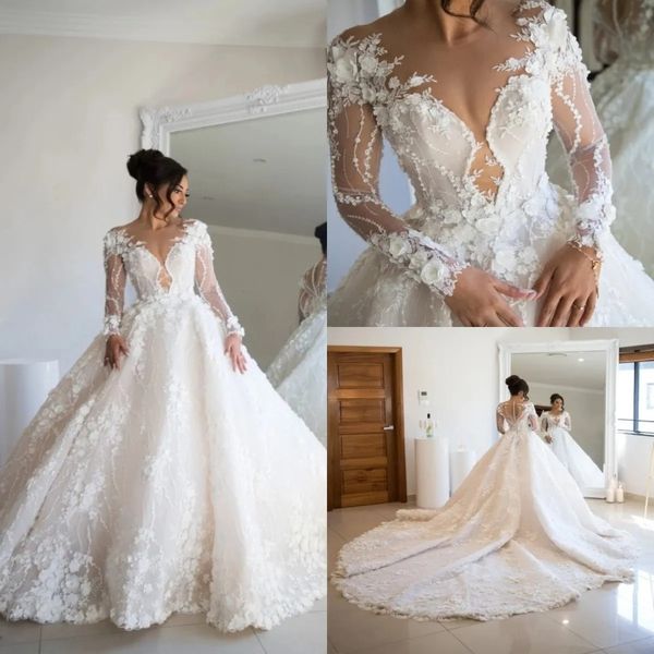 Stunningbride 2024 Abiti da sposa di lusso Abiti da sposa 3D Applique in pizzo floreale con perline Manica lunga Abito da sposa stile country Realizzato su misura