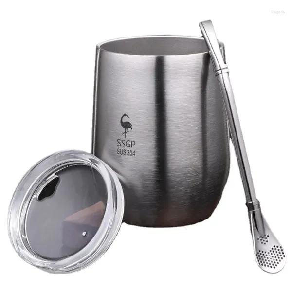 Set di articoli da tè Tazza da 12 once Coperchio a doppia parete Yerba Caffè portatile Anti-scottatura Paglia Mate Acqua Tazza da tè in acciaio Cucchiaino da tè 304 Con Set