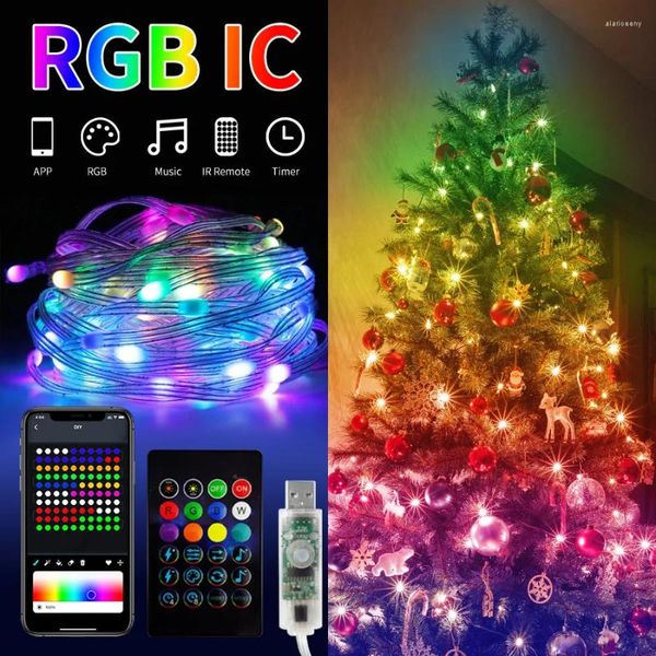 Cordas 5V Bluetooth RGBIC LED String Light Dreamcolor WS2812B Fada Luzes de Natal Garland Quarto Festa Decoração de Casamento
