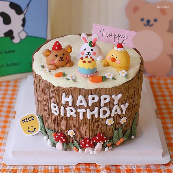 Forniture festive Cartoon Woodland Animal Cake Topper Cute Soft Tiger Cow Pottery Forest Cupcake Decor 1st Happy Birthday Party Doll