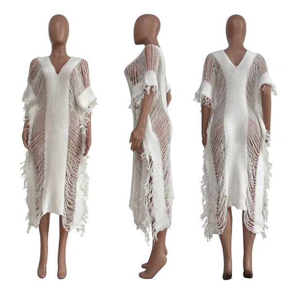 Vestidos casuais básicos mulheres crochê vneck bikini top verão sexy oco tassel boêmio praia longo maxi vestido cor sólida solto kaftan tuning swi j240130