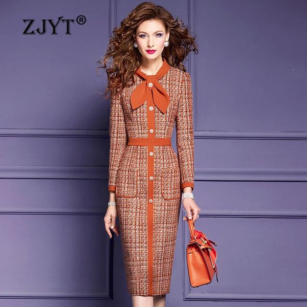 ZJYT Eleganti abiti di lana in tweed scozzese per le donne Primavera Designer Manica lunga Plus Size Abito da ufficio Arancione Abito da lavoro per feste 24030