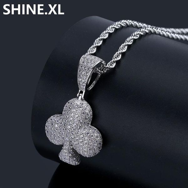 Collana con ciondolo poker in argento dorato Picche quadrati Fiori di pesco Fiori di pruno Ghiacciati Gioielli con ciondoli zircone per regalo di compleanno195q