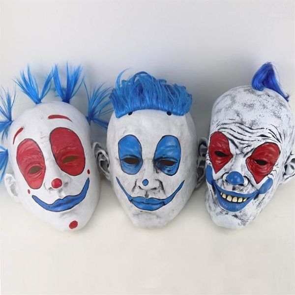 Lustige Clown-Halloween-Maske, Halloween-Punk-Clown, rote Augen, Latex-Maske, blaue Perücke, Zirkus, Tanz, Party, Make-up, Party, Cosplay, Props1262M