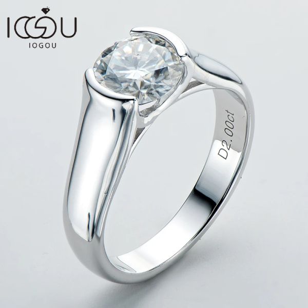 Anéis Iogou 2ct Moissanite Diamante Solitiare Anéis de Noivado para Mulheres 100% 925 Sterling Silver Bridal Wedding Band Bezel Setting 8mm
