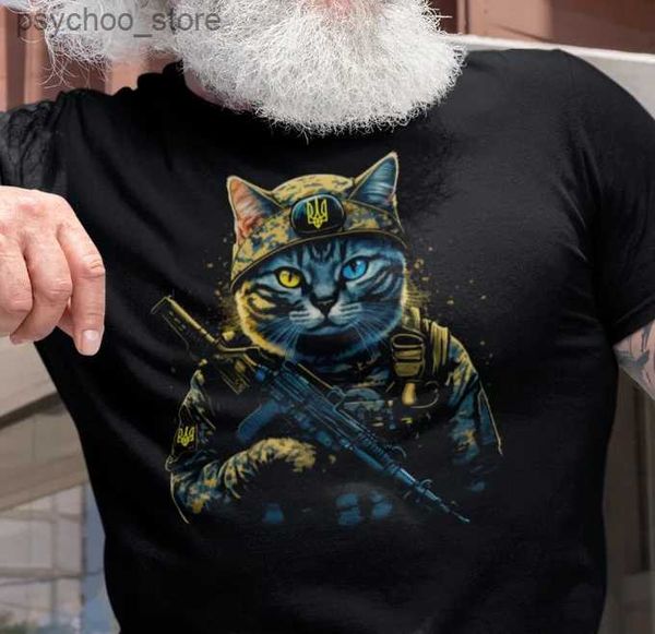 T-shirt da uomo Ucraina Gatto Soldato T-shirt tridente ucraino 100% cotone O-Collo Estate manica corta Casual T-shirt da uomo Taglia S-3XL Q240130