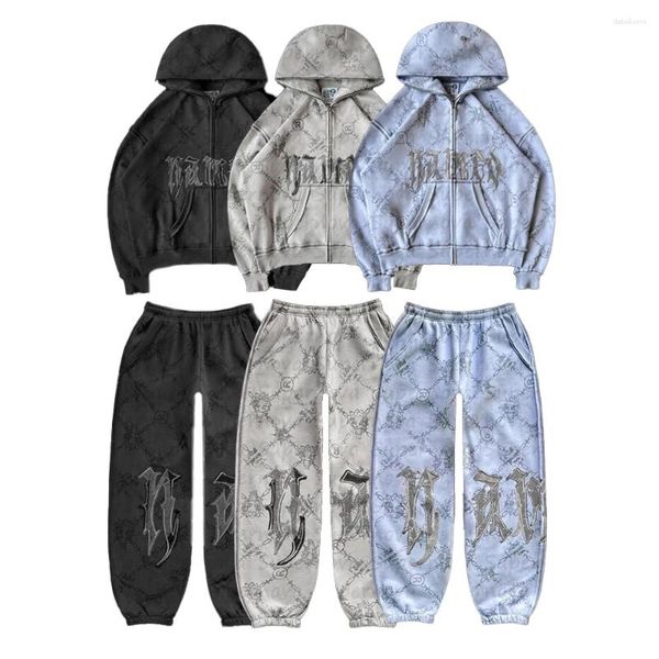 Tracksuits masculinos 2024 primavera e outono casual terno elegante retro y2k high street chicano graffiti solto estilo americano esportes de duas peças