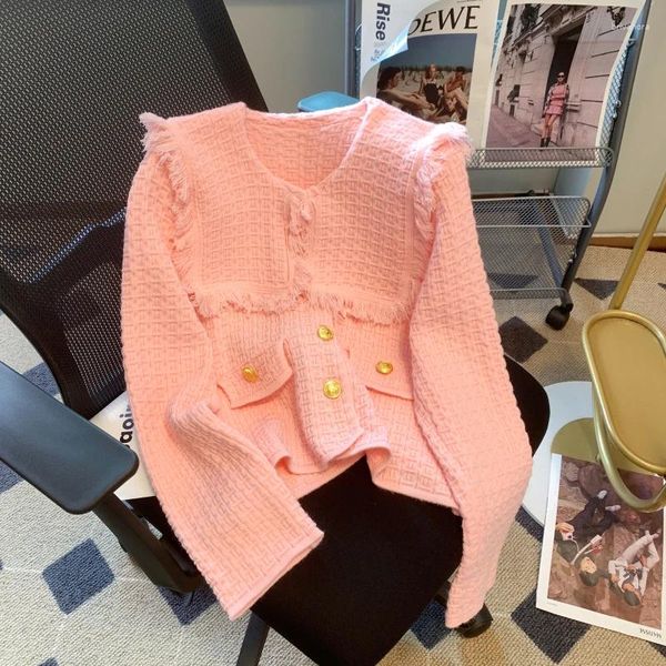 Maglieria da donna 2024 Primavera Coreano Navy Colletto Cardigan lavorato a maglia Maglione Donna Tinta unita Monopetto Casual Rosa Mujer