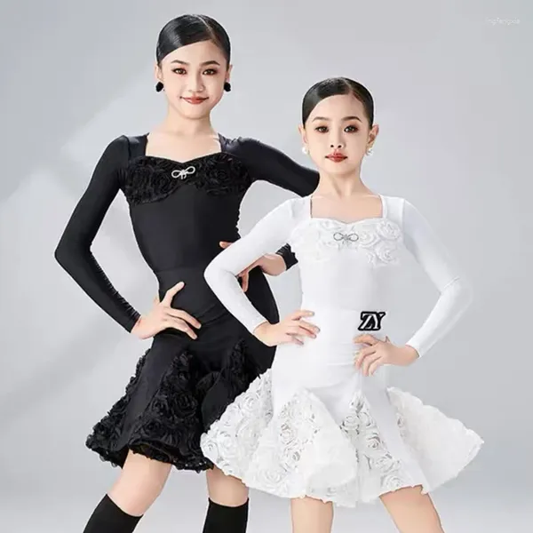 Abbigliamento da palcoscenico Ragazze Vestito da ballo latino Maniche lunghe Fiore Bianco Nero Bambini Cha Rumba Performance Costume Vestiti DNV18843