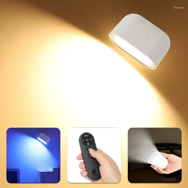 Lâmpada de parede led touch e controle remoto luz noturna 360 ° rotativo regulável luzes de leitura usb recarregável lâmpadas coloridas de cabeceira