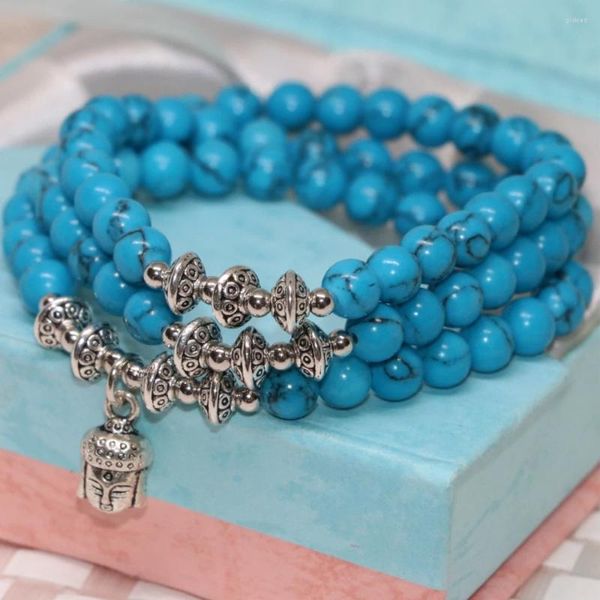Strand moda 6mm veias azuis calaite turquesa pedra multicamadas contas redondas pulseiras originais de alta qualidade festa presente jóias b2254