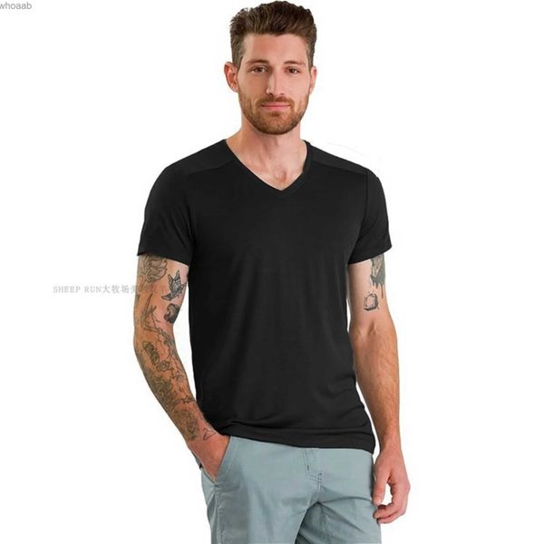 Herren-T-Shirts, Herren-T-Shirt aus 100 % Merinowolle, kurzärmlig, V-Ausschnitt, hochwertiges Herren-T-Shirt aus Merinowolle mit V-Ausschnitt, feines gesponnenes Garn, 180 g/m², Jersey, 240130