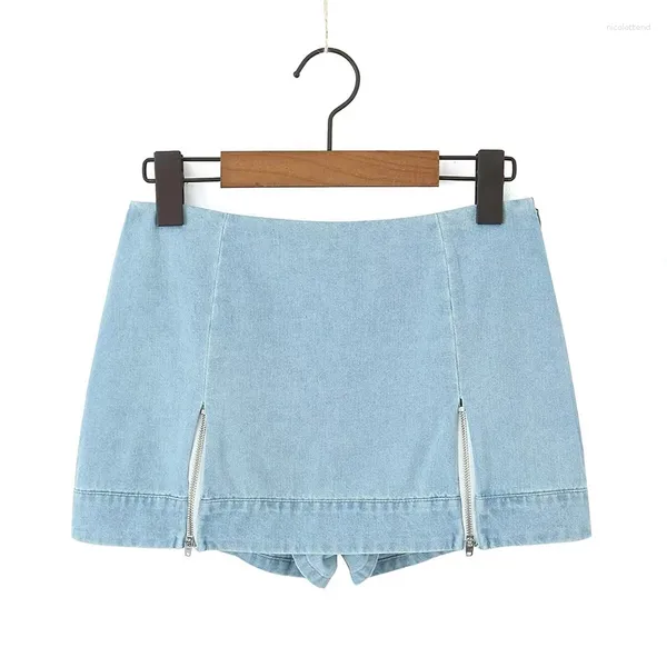 Saias YENKYE American Retro Blue Denim Saia Mulheres Sexy Cintura Baixa Side Zipper Pacote Hip Mini Com Shorts Por Baixo