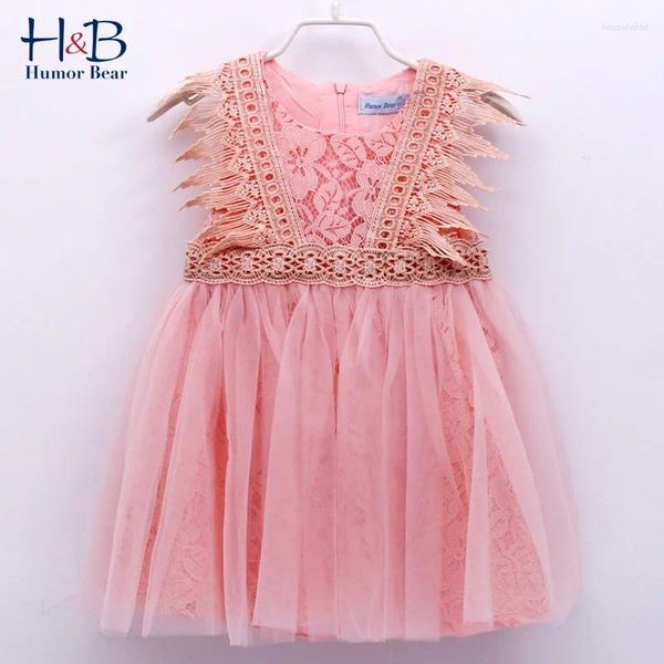 Vestidos de menina humor urso meninas verão sem mangas rendas retalhos malha doce priness vestido de festa criança crianças roupas