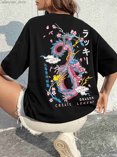 Kadın T-shirt, ejderha efsanesi Japon harajuku grafik tişörtleri yaratın kadın moda pamuk üstleri o yaka gündelik tişört yaz sporları tişörtleri 240130