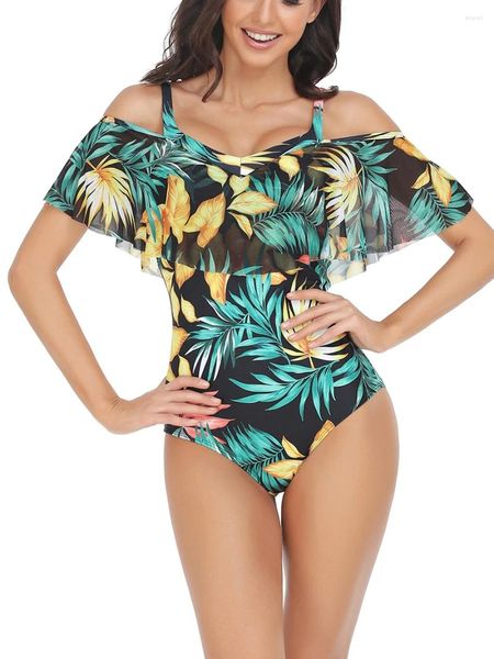 Roupa de banho feminina 2024 conjunto de biquíni macacão manga curta fora do ombro floral/folha impressão verão piscina praia