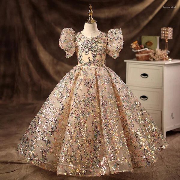 Платья для девочек, расшитое блестками цвета шампанского, бальное платье принцессы, пышное платье, детское платье с цветами, 2024, детские свадебные вечерние платья