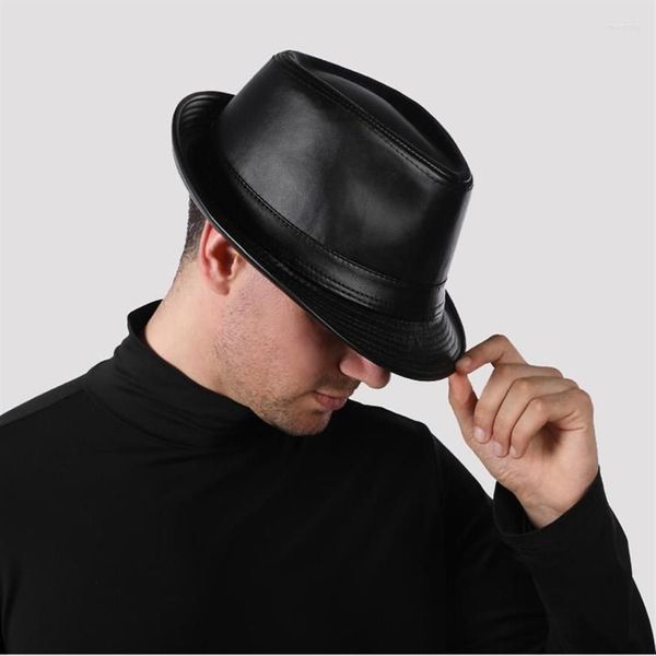 Berets 2022 Couro Genuíno Aba Larga Stetson Fedoras Chapéus Britânicos para Homens Mulheres Gentman Preto 55-62cm Ajustado Jazz Hip-Gorras2494