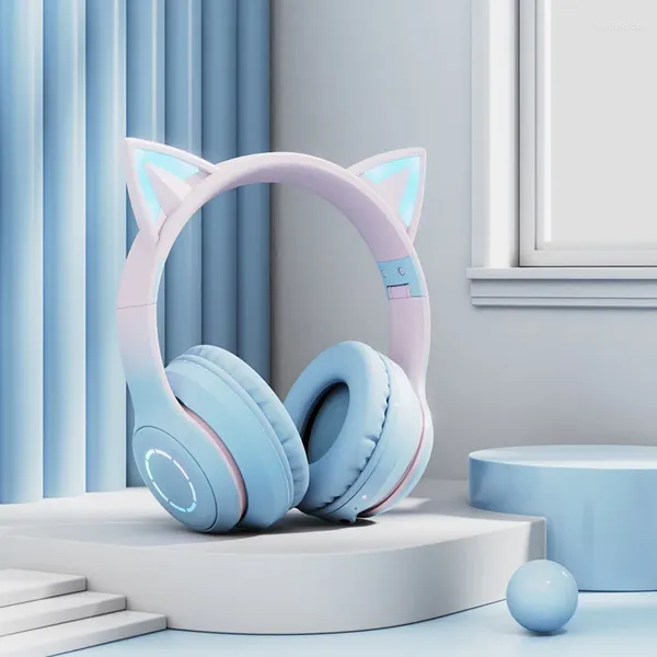 Cuffie con orecchio per gatti rosa blu Cuffie per gattini per ragazze per bambini Bluetooth senza fili con microfono Musica stereo con luce flash