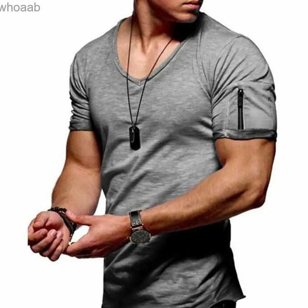 Herren T-Shirts Herren T-Shirt Einfarbig Reißverschlusstasche V-Ausschnitt Kurzarm T-Shirt Fit Plus Size T-Shirt Stilvolles Top Sommer 2021 240130