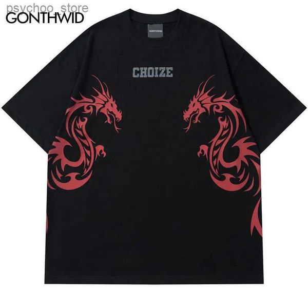 Men's T-Shirts Harajuku T-Shirt Men Hip Hop Chinese Dragon Print Cotton Loose Tshirt Streetwear 2023 Unisex Fashion Summer Casual Top Clothes Q240130