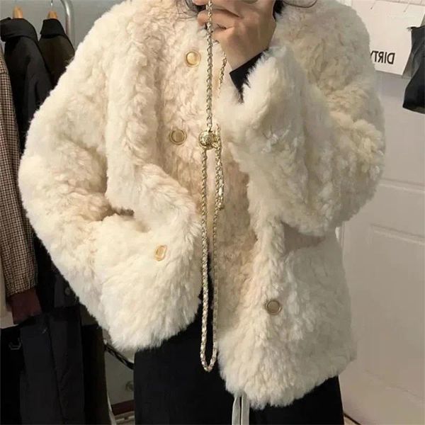 Cappotto da donna in pelliccia di agnello 2024 in lana di agnello stile invernale sciolto addensato bianco top in cotone giacca autunnale finta signora