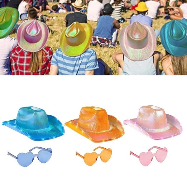 Baskenmützen, LED, Cowboyhut, Sonnenbrille, Kostüm-Set, Western-Brille mit breiter Krempe, für Erwachsene, Bachelorette-Party-Requisiten, Zubehör, 2 Stück
