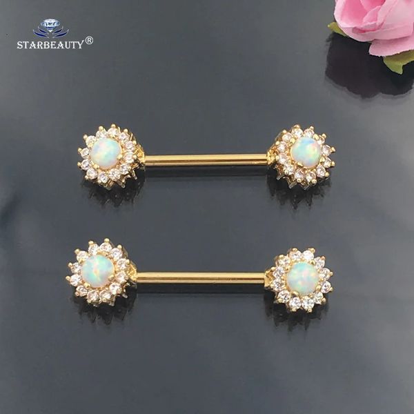 2 Teile/los 14G Luxus Natürlichen Opal Nippel Ring Zunge Piercing Schild Rose Gold Farbe Edelstahl Barbell Sexy Schmuck 240127