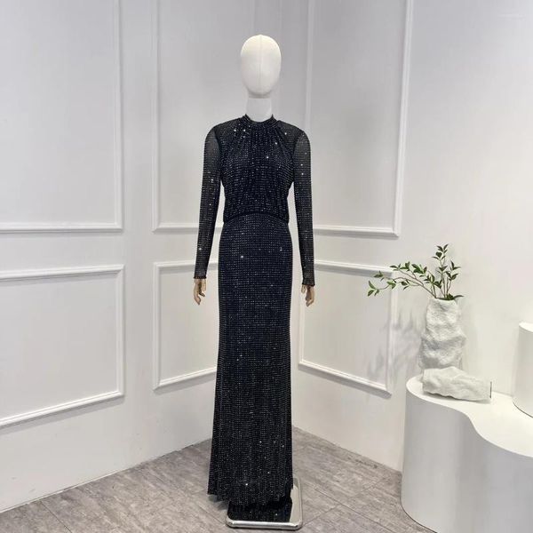 Lässige Kleider WorldCloset Self 2024 Frühling Potrait Original Elegantes Strass Mesh Hohe Taille Rollkragen Schwarz Weiß Midi Slim Kleid