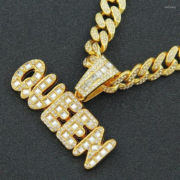 Colares Pingente Rapper Iced Out Cuban Chains Bling Diamante Letra Rainha Strass Pingentes Mens Corrente De Ouro Charme Jóias Para Me2846