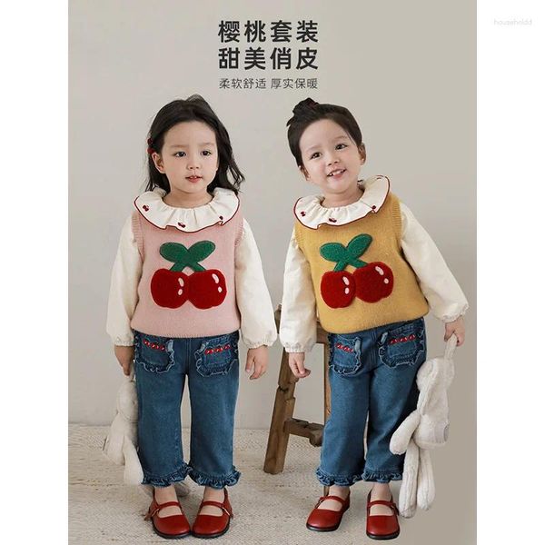Set di abbigliamento Set di ciliegie per ragazze Gilet in maglia dolce per bambini autunnali Camicia per bambini Jeans
