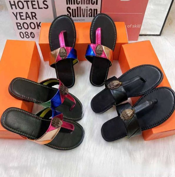 Kurt Geiger Flip Flops Chinelos Mulheres Sandálias Costura Rainbow Slipper Designer de Moda Slides Sapatos Baixos Cabeça de Águia Fivela de Diamante Plus Size