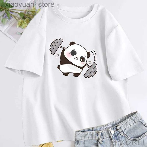 T-shirt da donna T-shirt panda La lotta è reale Sollevamento pesi Fitness Palestra T-shirt carina Donna T-shirt divertenti in cotone Abbigliamento donna oversize 240130