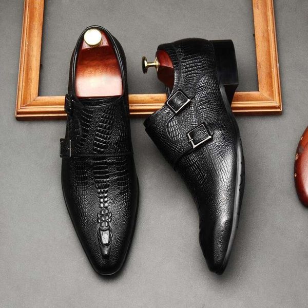 Boyut 6 ila 12 Erkek Elbise Orijinal Deri Çift Toka Keşiş Kayışı Erkek Ayakkabı Yılan Baskı Kapak Klasik İtalyan Oxford Ayakkabı