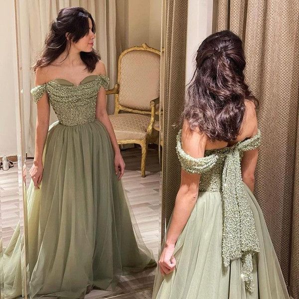 Verde oliva A Line Abiti da ballo Eleganti spalle scoperte Paillettes Perline Top Gonna in chiffon Abiti da sera lunghi Donne Abiti da damigella d'onore Abiti formali BC18138